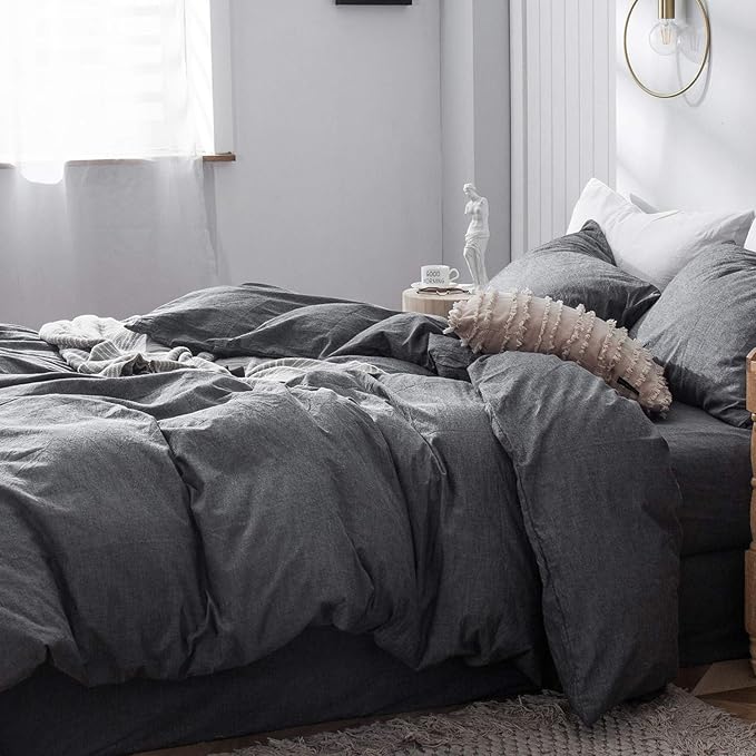 MooMee Bedding Duvet Cover Set 100% Washed Cotton Linen Like Textured Breathable Durable Soft Comfy (Heathered Dark Grey, Super King 108"x98")