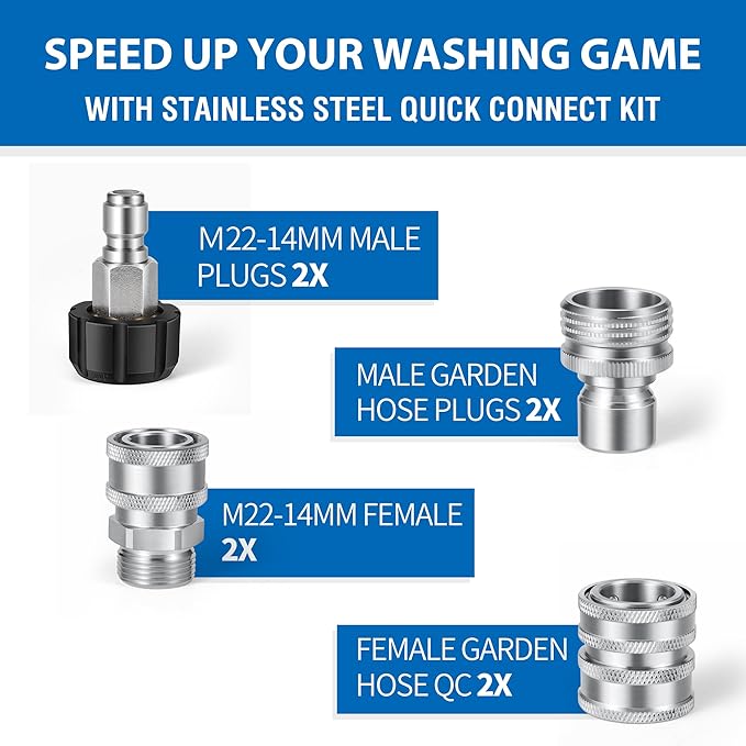 Premium Pressure Washer Quick Connect Kit - M22 Swivel to 3/8'' Quick Connect, 3/4'' to Quick Release, M22 14mm Power Washer Adapter Set Quick Connect Pressure Washer Fittings (Stainless Steel)