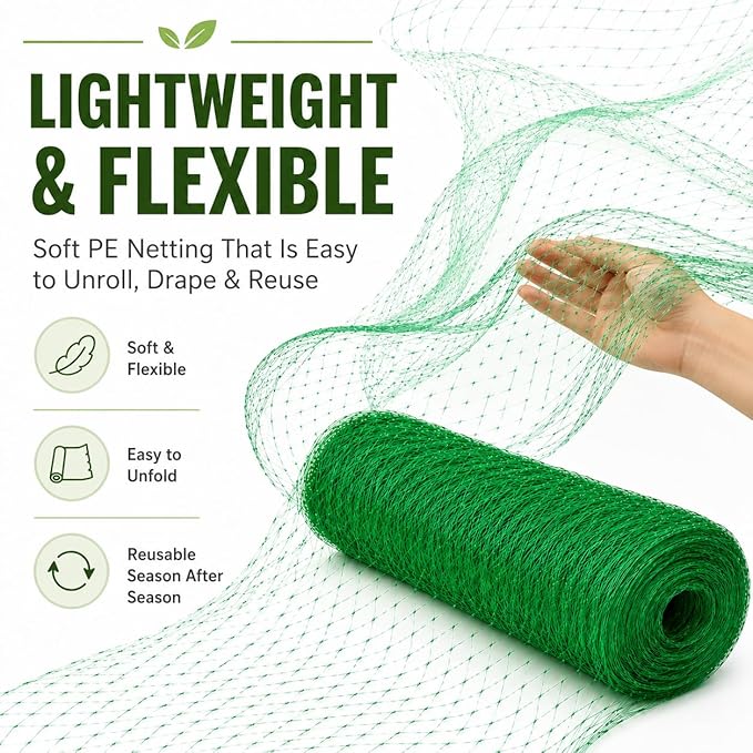 Garden Netting, 13 x 50 FT Bird Netting for Garden Plant Protection, Reusable Fine Mesh for Fruit Trees, Vegetable Plants, Blueberry Bushes, Raised Beds, Chicken Coop (13x50ft)