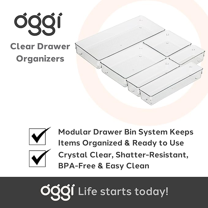 Oggi Clear Drawer Organizer - 6" X 15" - Ideal for Organizing Kitchen Drawers, Office, Desk, Silverware, Kitchen Utensils, Cosmetics and Bathrooms (Pack of 2)