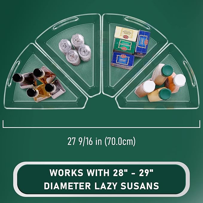 Lazy Susan Cabinet Organizer Bins for 26"/ 28"/ 32" Diameter Corner Organizer, Plastic Cabinet Storage Bin, 1/8 Wedge - Food Safe, BPA Free, with Non-Slip Pads (for 28" Diameter, 4 Pack)