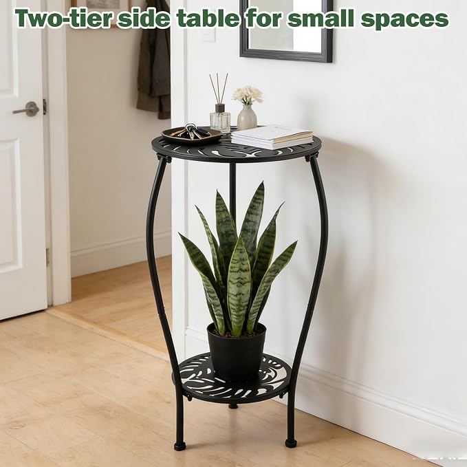 2-tiered 13.2 Inch Metal Round Side Table Set of Two Small Black Outside End Table for Patio Round Accent Garden Corner Stand for Small Spaces Weather-resistant Outdoor Coffee Table for Balcony, Black