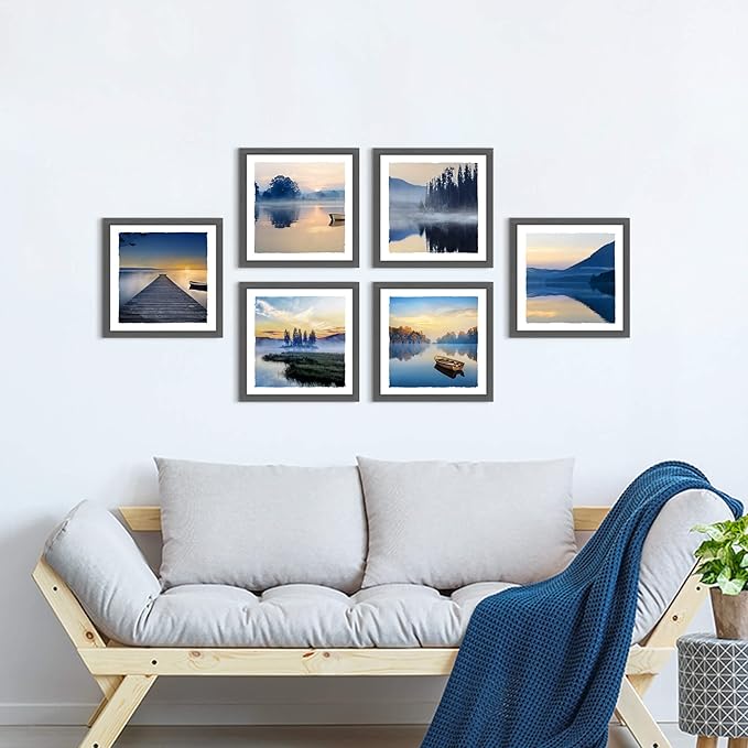 Framed Lake Scenery Wall Art: Calming Forest Fog Print Pictures Relaxing Nature Landscape Painting Contemporary Frames Mountain Tree Artwork 6 Pieces Sunset Picture for Bedroom Living Room
