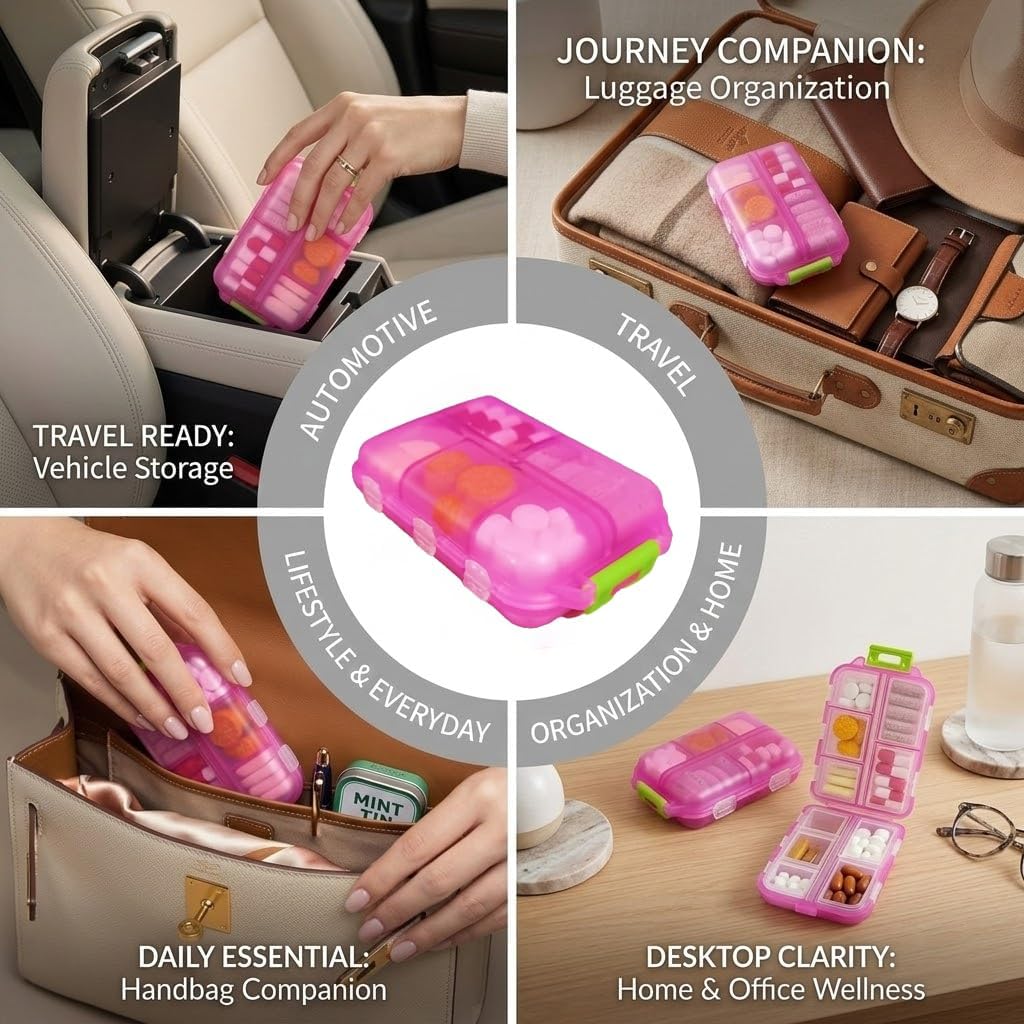 Skiennix Pill Organizer - Travel-Friendly Daily Medication Case with 161 Labels - Mini Size in Pink