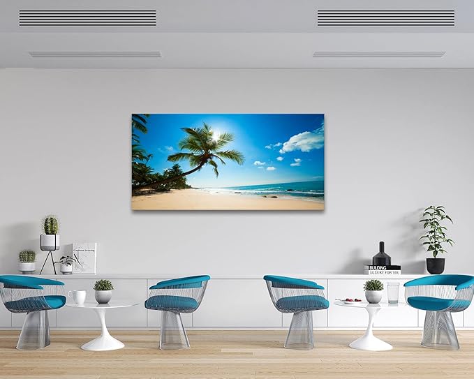 Muolunna ARX0662 Large Canvas Wall Art Summer Ocean Waves Prints Coconut Trees Beach Seascape Painting Hawaii Sea Nature Pictures Stretched and Framed for Living Room Home Office Wall Decor Artwork