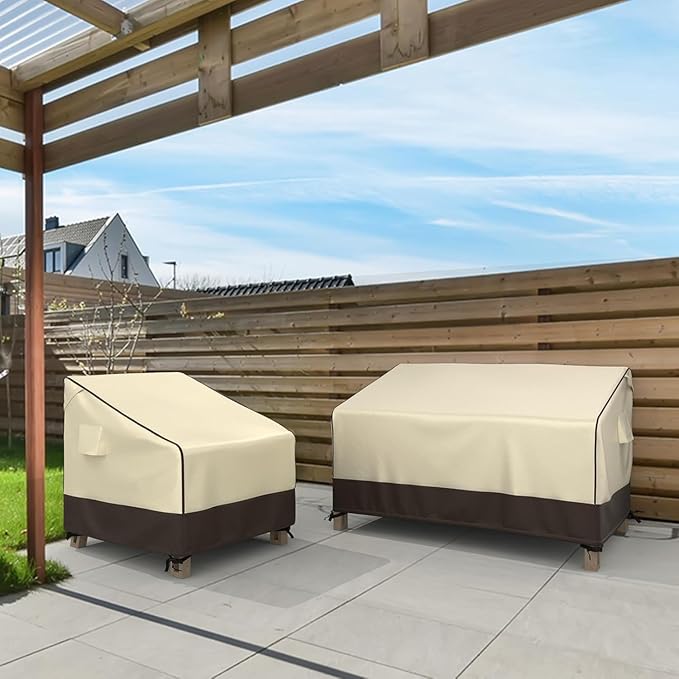 MR. COVER Patio Chair Covers Waterproof, Outdoor Furniture Covers for Rocking Chair, Heavy Duty Anti UV Chair Cover, Fits up to 45"W x 40"D x 35"H, Air Vent and Handles Included, Brown & Khaki, 2 Pack