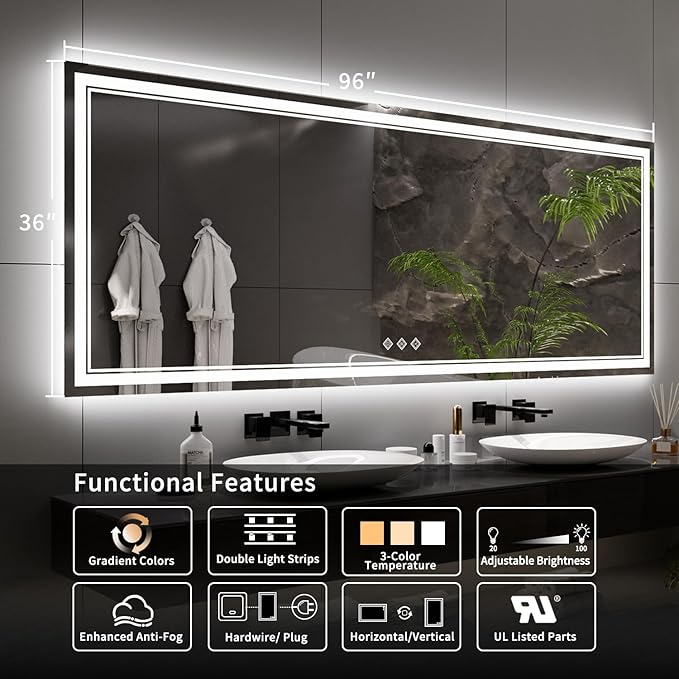Bathroom Mirror with Lights, 96x36 Inch Gradient Front and Backlit Big Lighted