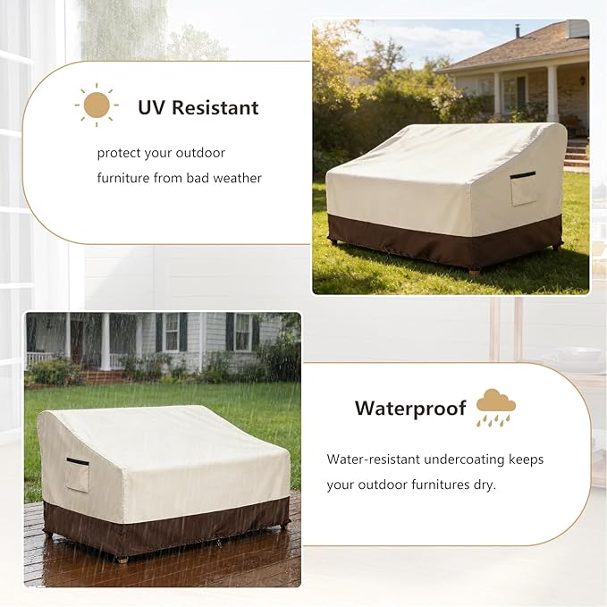 3-Seater Patio Sofa Cover, 600D Heavy Duty Waterproof Outdoor Sofa Covers, 79 W x 38 D x 35 H Inches Outdoor Couch Cover, Patio Furniture Covers, Lvory&Brown
