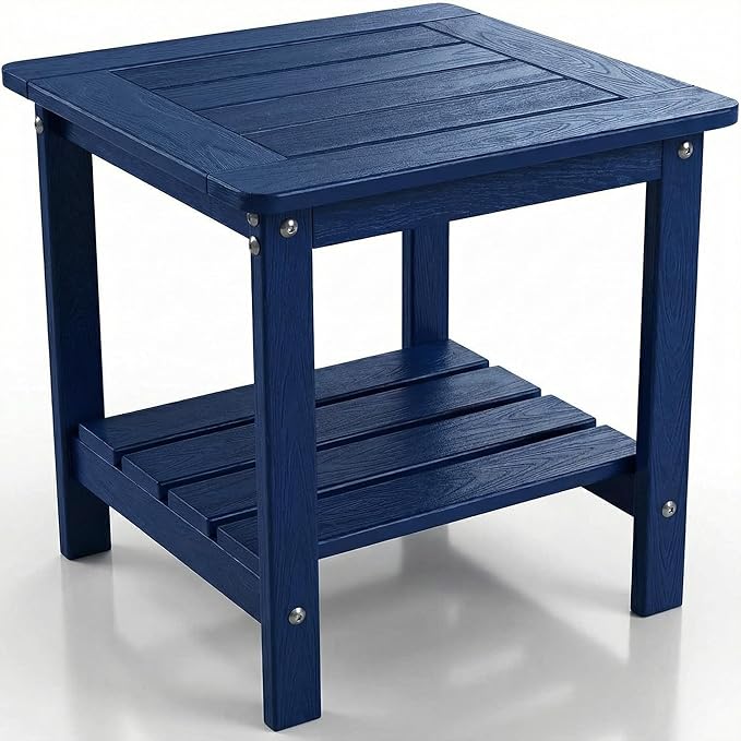 Kibaso-Adirondack Outdoor Side Table, 2-Tier HDPE Outdoor End Table, Weather Resistant Easy Maintenance, Small Patio Side Table for Patio, Pool, Porch, Garden, Lawn, and Living Room (1, Blue)