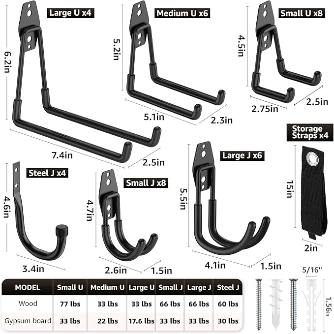 40 Pack Garage Hooks, Heavy Duty Steel Wall Mount Utility Hangers with Anti-Slip Coating for Hanging Bikes, Ladders, Power Tools, and Garden Equipment