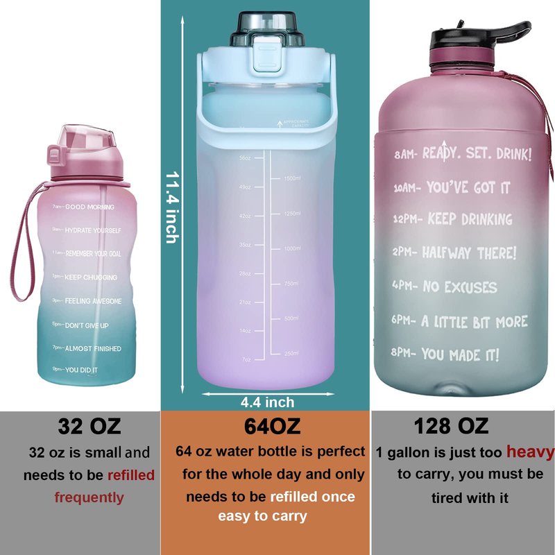RYI Large Half Gallon 64 OZ Motivational Water Bottle with Straw Time Marker BPA Free for Sport and Fitness Blue Purple
