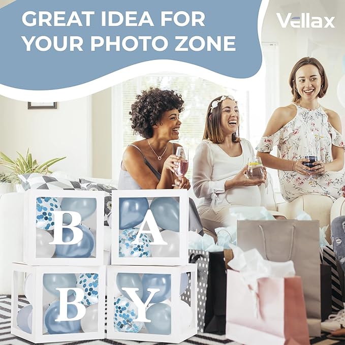 Baby Shower Boxes with Letters – White Boxes with White, Dusty Blue, Light Blue and Confetti Balloons – 44-Piece Gender Reveal & Party Decoration Set by Vellax