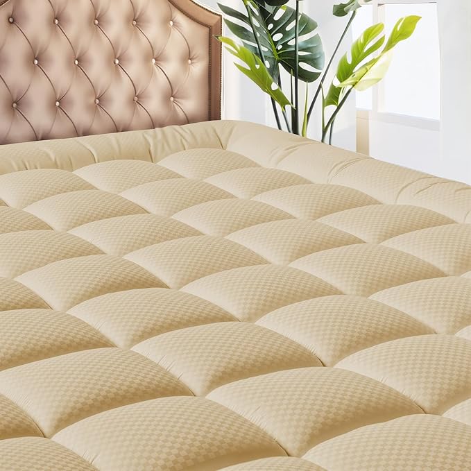 MATBEBY Queen Size Mattress Pad - Cooling Breathable Mattress Topper, Quilted Fitted Mattress Protector, Pillow Top Mattress Cover with 8-21" Deep Pocket, Soft, Machine Washable, Beige, 60x80 Inches