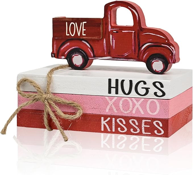 Smile Valentine's Day Wooden Book Decor Red Truck, LOVE XOXO HUGS & KISSES Signs, Valentine Indoor Decoration