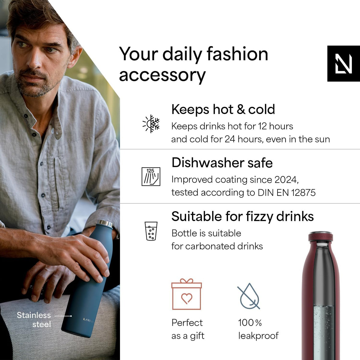 LARS NYSØM Stainless Steel Insulated Water Bottle 12oz 17oz 25oz 34oz 51oz | Insulated Thermo Flask for Hot and Cold Beverages | Leakproof Drinking Bottle (Berry Red, 33.9oz)