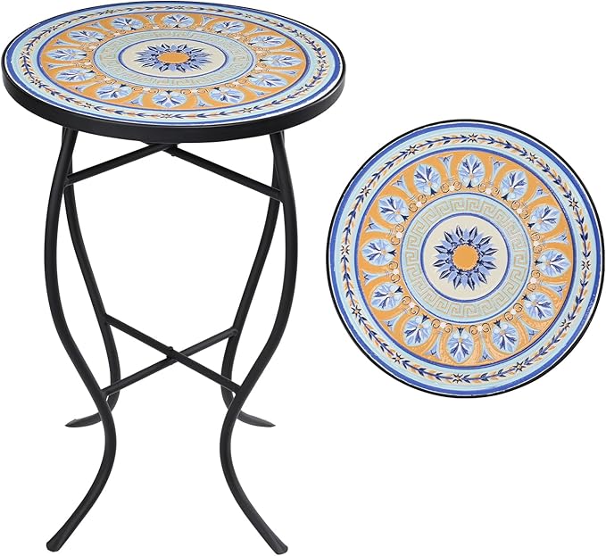 VCUTEKA Mosaic Side Table, 21" Round End Table with 14" Ceramic Tile Top, Patio Accent Table Indoor and Outdoor End Table for Yard, Garden, Living Room, Bistro Balcony or Lawn