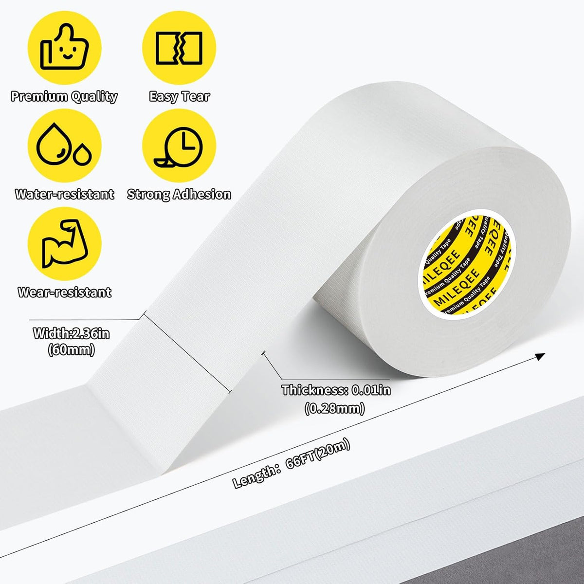 2Pack Duct Tape Heavy Duty Single Sided, Strong Adhesive High Strength, Waterproof Mesh Tape for Indoor Outdoor Repairing Sealing Bonding, Easy Use Hand Tearable, 2.36 Inch x 66 Feet, White