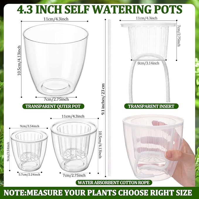 36pcs Self Watering Pots 4.3 Inch Plastic Flower Plant Pot with Inner Pot Self Watering Wick Planter White Clear Flower Pots for Indoor House Plants Herbs, Flowers, Succulents (Transparent)