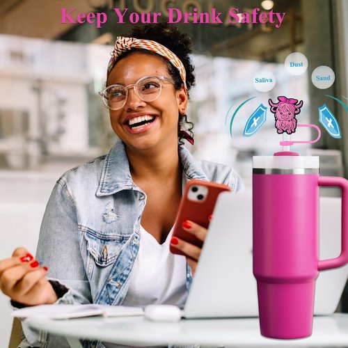Amreich Straw Toppers - Pink Highland Cow Straw Cover Silicone Tumbler Accessories for Stanley 30-40 Oz Cups 0.4in Cow Straws Covers Cap