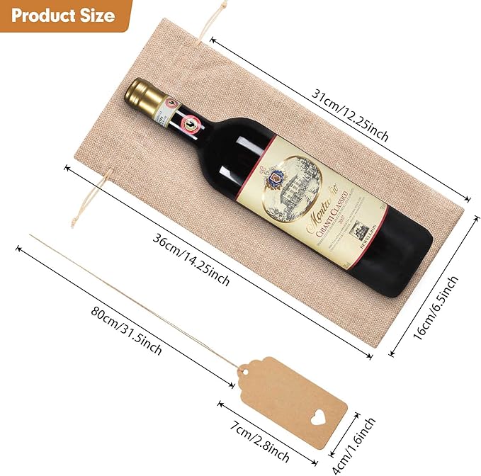 Homum 24Pcs Premium Burlap Wine Bags and 12Pcs Gift Tags, Reusable Wine Gift Bags with Drawstrings, Wine Bottle Bags, Wine Bags for Wedding, Birthday, Blind Tastings, Christmas,Party, Home Storage