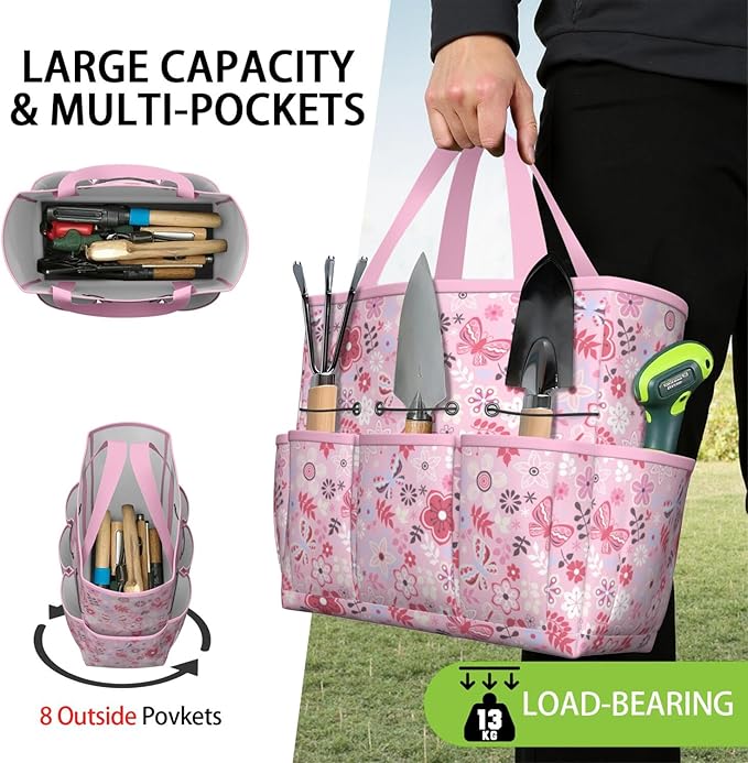 Floral Garden Tool Bag - Waterproof Garden Tote with 8 Pockets, Large Storage Home Organizer Gardening Tool Oxford Bag for Garden Tools Kits Holder, Ideal Outdoor Gardening Gift for Women & Men