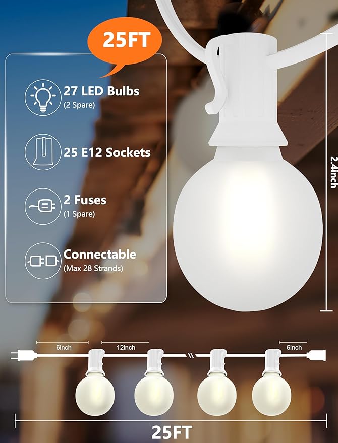 SUNSGNE 25Ft G40 LED Outdoor White String Lights with 27 White Frosted Shatterproof Globe Bulbs (2 Spare), Outdoor Hanging Lights for Room Café Bistro Pergola Tents, 25 Pack, White Wire