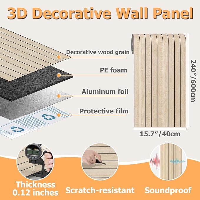 Arthome Peel and Stick Slat Wall Panels 15.7 "x240, Self-Adhesive PVC Wood