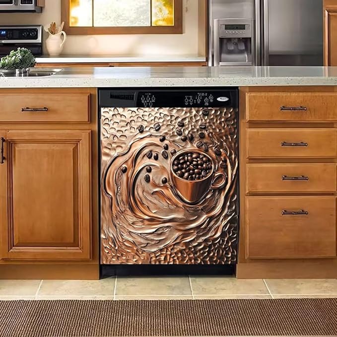 Coffee Copper Relief Effect Dishwasher Magnetic Cover for Door Front 23x26 Inch Dish Washer Magnet Panel Decal for Fridge Home Appliance Kitchen Decoration