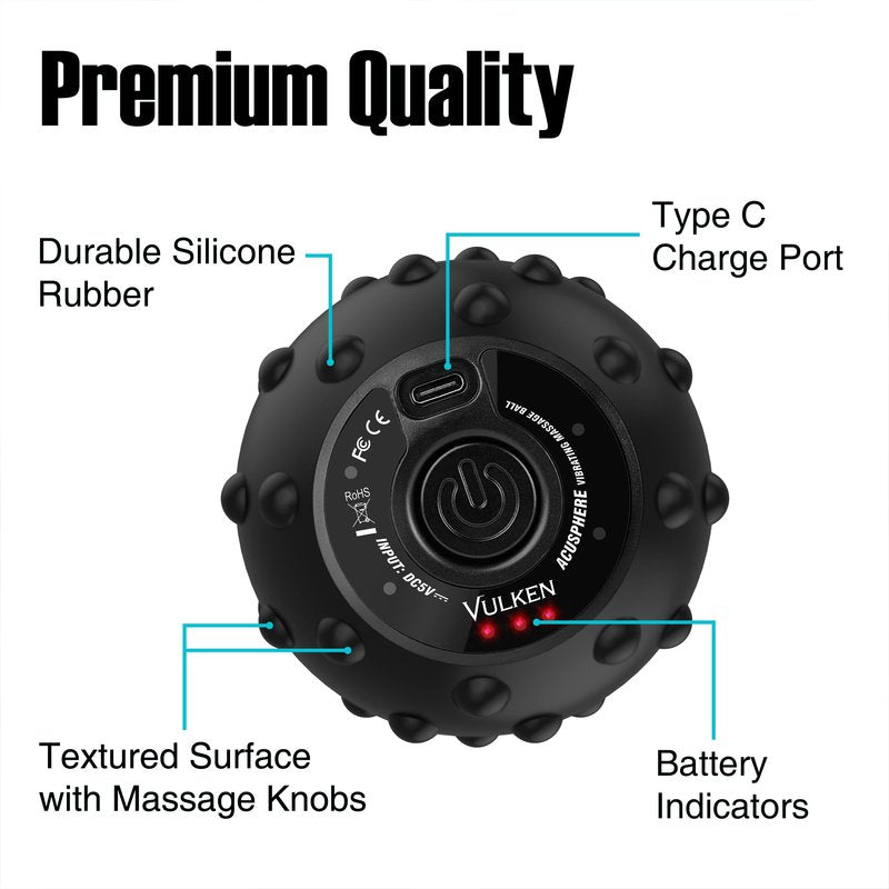 Vulken 4 Speed High Intensity Vibrating Massage Ball with USB Charging for Muscle and Deep Tissue, Plantar Fasciitis Pain Relief, Myofascial Release and Trigger Point Treatment for Back