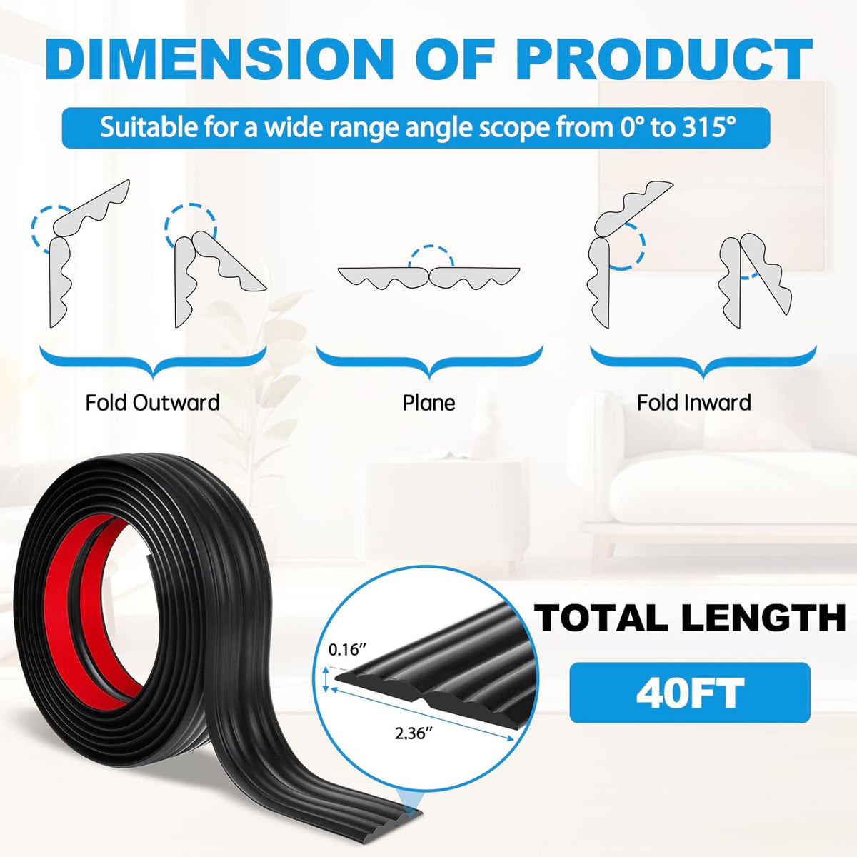 Wall Corner Protector Peel and Stick Corner Trim Molding Flexible Inside & Outside Wall Edge Guard Self Adhesive Moulding Trim for Edge Use, Black, 2.3” W x 40’ L