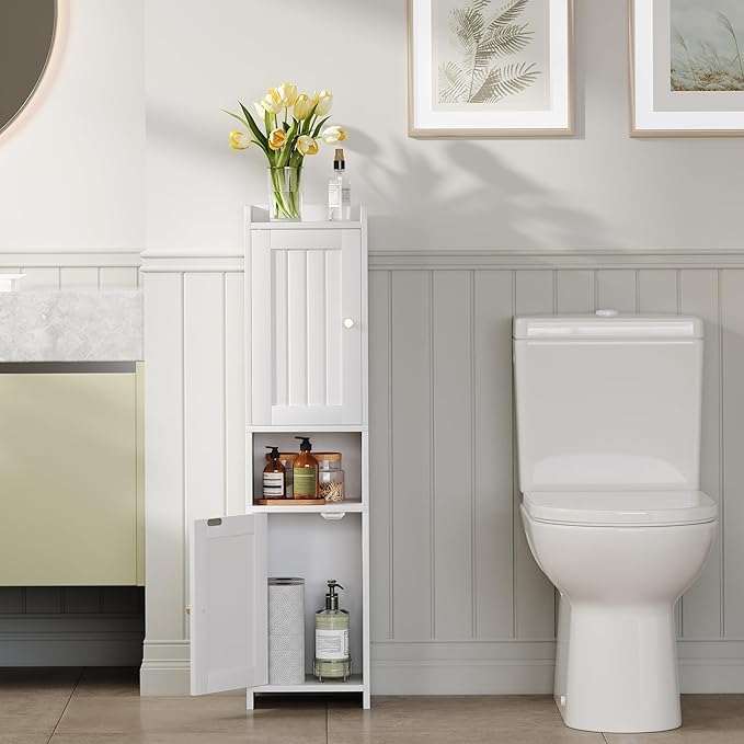 Bathroom Cabinet with 2 Doors, 7.3 x 9.8 x 40.4 Inches, Small Freestanding Storage Cabinet with Adjustable Shelf, Floor Cabinet for Small Spaces, Bathroom, Entrances, Kitchen, White