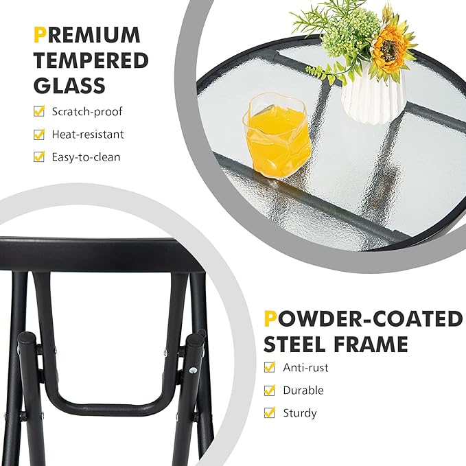 Giantex Folding Side Table, Round Small Patio Table, Tempered Glass Tabletop, Steel Frame, Weather-Resistant Outdoor Indoor Use for Bistro Porch Garden Balcony (Classic Round, 18"x18"x18.5")
