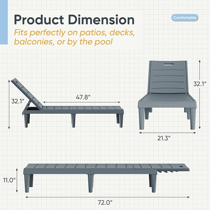 Greesum Outdoor Chaise Lounge Chairs Set of 2 with 5-Position Adjustable Backrest, Waterproof PP Sun Chaise Loungers for Garden Pool Beach Patio Deck Sunbathing, Grey