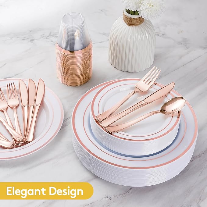 Goodluck 300 Pieces Rose Gold Disposable Plates for 50 Guests, Plastic Plates for Party, Wedding, Dinnerware Set of 50 Dinner Plate, 50 Salad Plates, 50 Spoons, 50 Forks, 50 Knives, 50 Cups