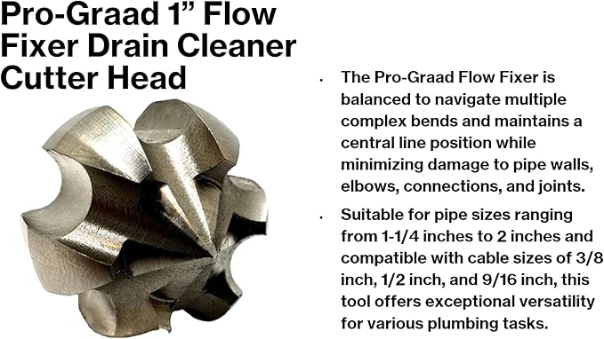 1” Flow Fixer Drain Cleaner Plumbing Snake Cutter Head for 1-1/4" - 2" Pipes, Clears & Scrapes Pipe Inner Walls, Fits 5/16” & 3/8” Cables, for Commercial & Residential Use