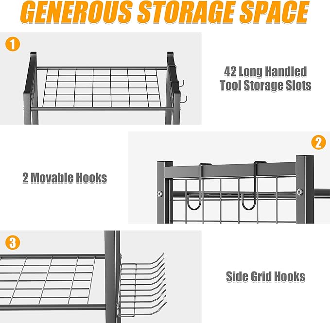 Ultrawall Garden Tool Organizer with Wheels, Yard Tool Storage Stand for Garage, Shed Tool Storage for Rake, Brooms, Tools Rolling Cart Indoor & Outdoor Use