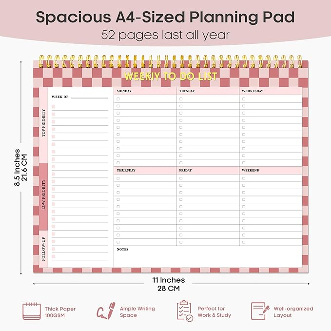 Taja Weekly To Do List Notepad with 52 Undated Sheets（8.5"×11"）- Weekly Desk Planner for Women & Man, Work and Home - 1 Pack Rose Checkered