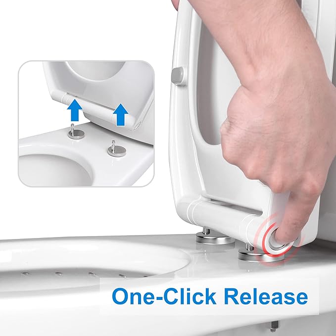 Hibbent Premium Elongated Toilet Seat with Cover(Oval) Quiet Close, One-Click to Quick Release, Easy Installation Never Loosen Hinge, Slow Close Toilet Seat and Cover, Easy Cleaning-White Color