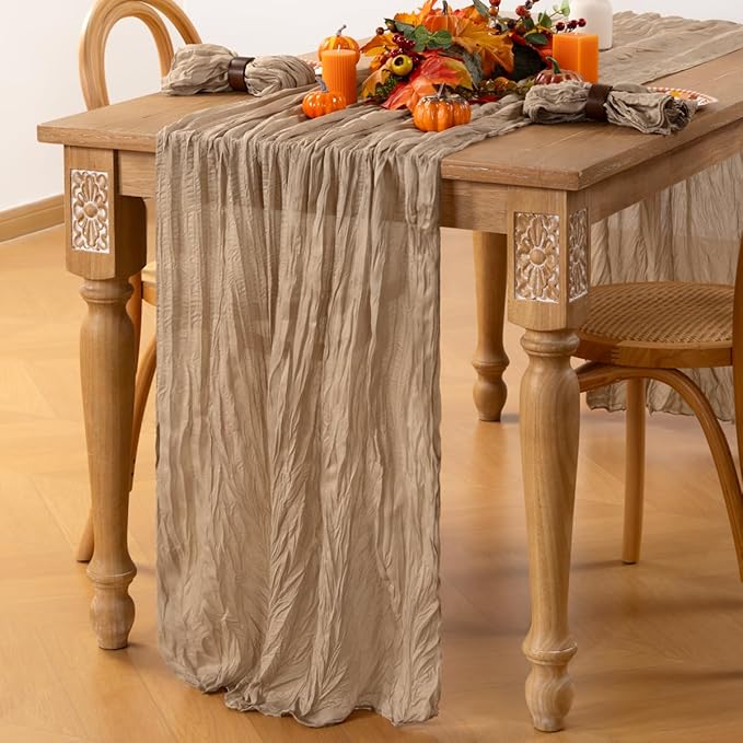MLMC Nude Cheesecloth Table Runner 10ft Boho Gauze Taupe Cheese Cloth Table Runner Rustic Neutral Centerpiece Decor 35x120 Inches for Wedding Farmhouse Reception Home Decor