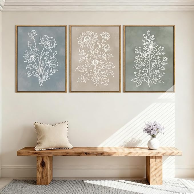 Anyzal Boho Floral Framed Wall Art 12x16 Inch Farmhouse botanical Canvas Wall Decor Modern Minimalist Plant Artwork for Living Room Bedroom Dining Room Set of 3