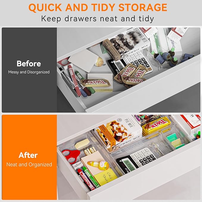 Criusia 12 Pack Large Clear Plastic Drawer Organizer Trays | MULTI-USE Acrylic Drawer Storage for Kitchen, Bathroom, Makeup, Office, School, Undies | College Dorm Room, Home Apartment Essentials