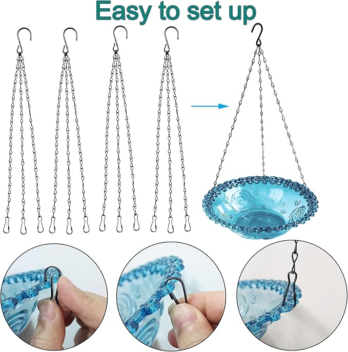 3-Tier Hanging Solar Bird Bath Fountain, Solar Pump Cascading Water Feeder with 16.4FT Extra Long Cord, Large Bird Bowl for Hummingbirds Wild Birds (4PCS-Bule)