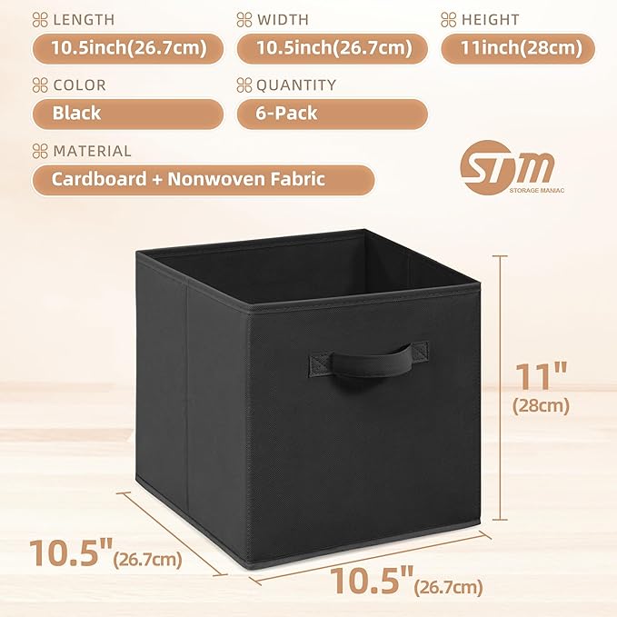 STORAGE MANIAC Storage Cubes, 11 Inch Durable 6 Pack Fabric Foldable Collapsible Bins with Handles for Organization, Closet, Shelves, Offices, Toys, Black
