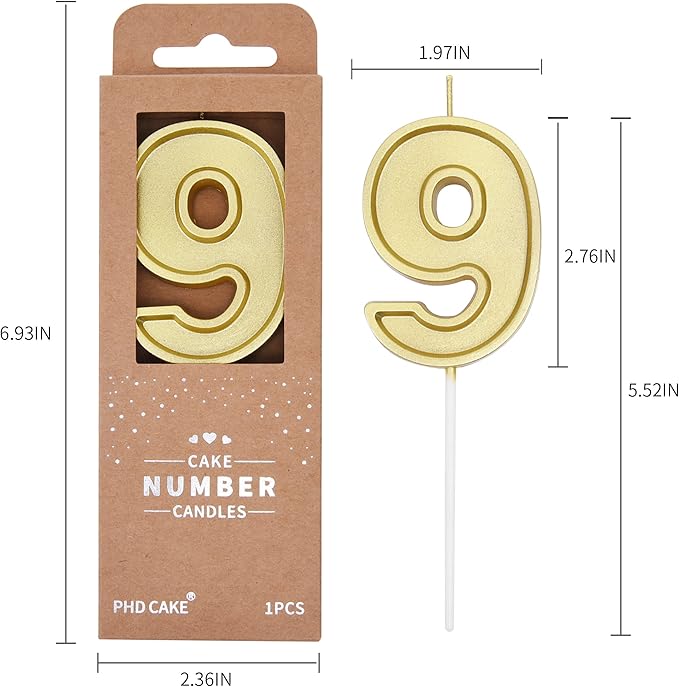 PHD CAKE 2.76 Inch Luxe Gold 9 Number Birthday Candles, Gold Number Candle, Cake Number Candles, Party Celebration