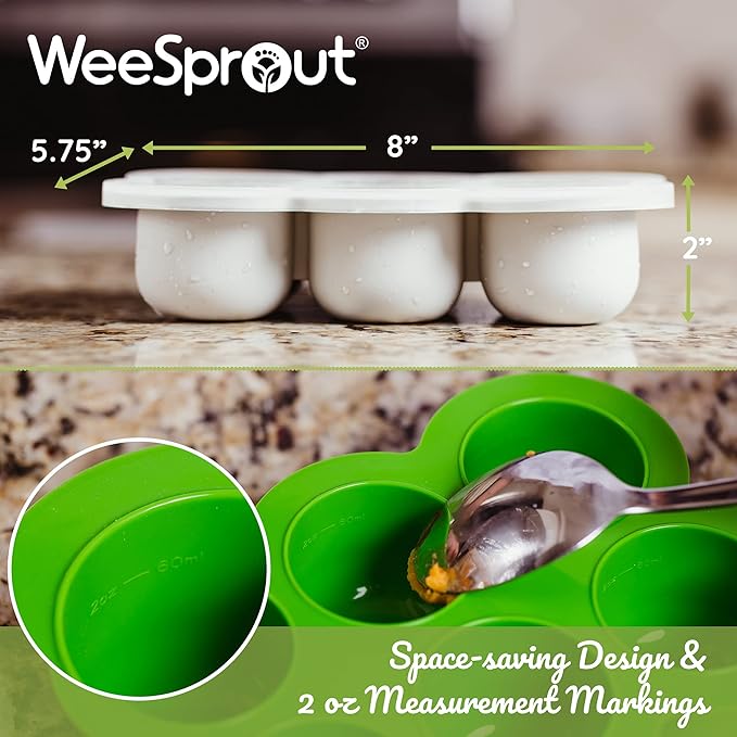 WeeSprout Silicone Baby Food Freezer Tray with Clip-on Lid - Perfect Storage Container for Homemade Baby Food, Vegetable & Fruit Purees, and Breast Milk (Matte Green, Six 3 Ounce Sections)
