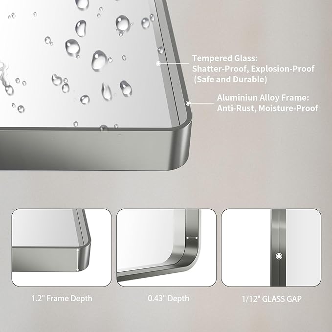 LOAAO 24X30 Inch Brushed Nickel Bathroom Mirror, Rounded Rectangle Silver Metal