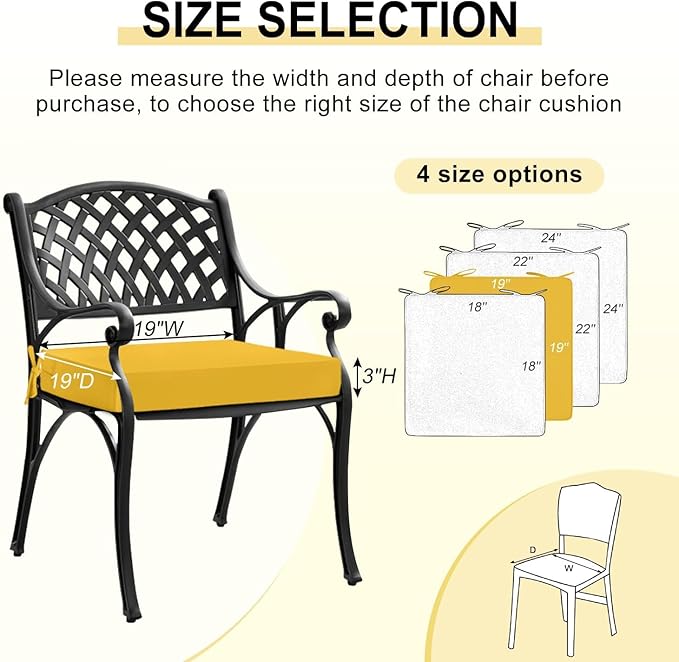 downluxe Waterproof Outdoor Chair Cushions Set of 4, 19" x 19" x 3" Patio Chair Cushion with Non-Slip Ties & Handle, Square Outdoor Cushion for Patio Furniture with Removable Cover, Yellow