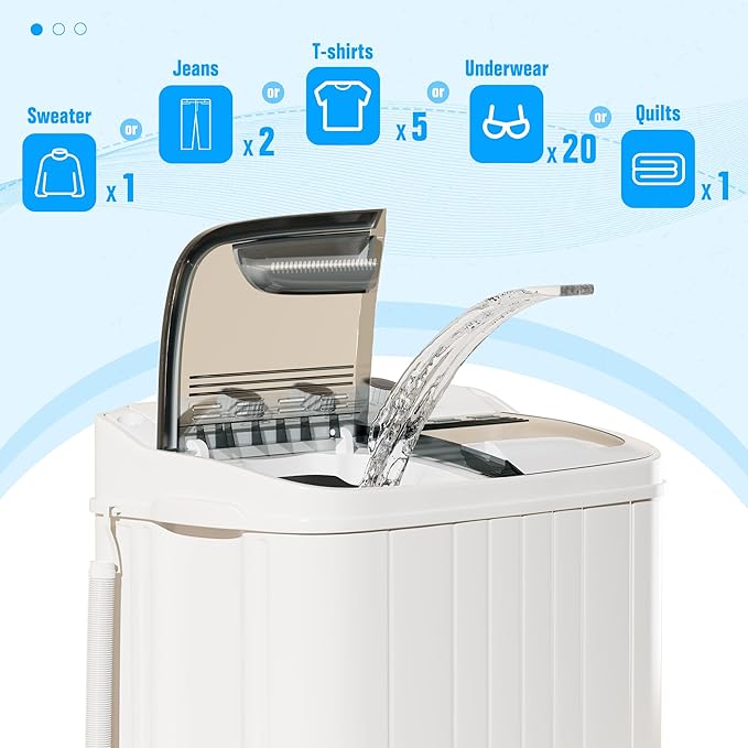 SUNCROWN Portable Washing Machine 17.6lbs, Compact Twin Tub Semi Automatic Washer, Energy-Saving Mini Laundry Combo with Extended Drain Hose & Pump for Apartments, RV, Dorms, White & Grey