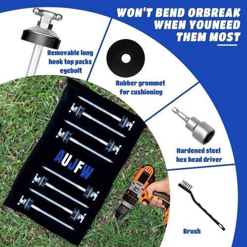 10 Pcs 6.2" Hex Pegs Stakes Drillable Tent Stakes, Drillable Threaded Long Hook Top Packs Tent Stakes for Grassland Garden Tents Canopies Awnings Camping Travel (Hex Tool and Storage Bag)