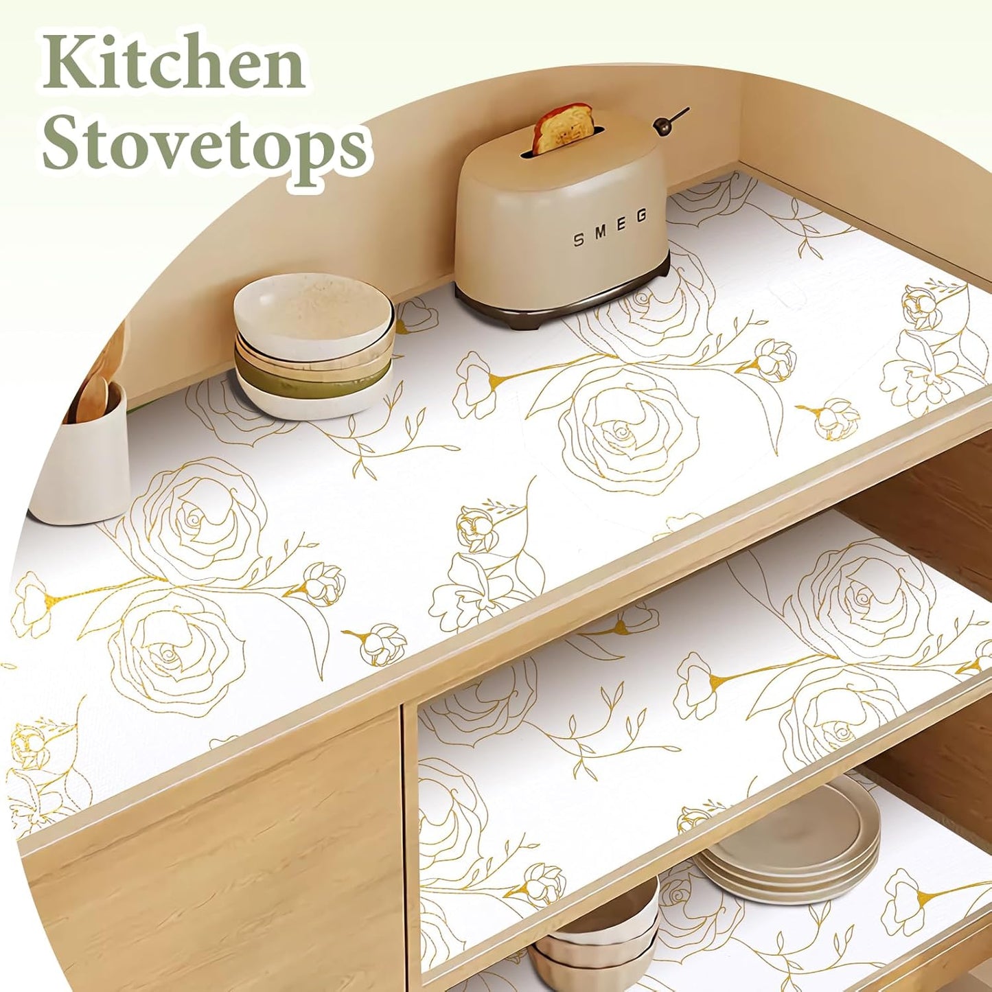 Shelf Liners for Kitchen Cabinets 23.6in x 39.37FT Non Adhesive Drawer Liner Gold Floral Thickened Shelf Liner Paper Strong Non-Slip Easy to Clean for Tool Box Refrigerator with Knife and Tape Measure
